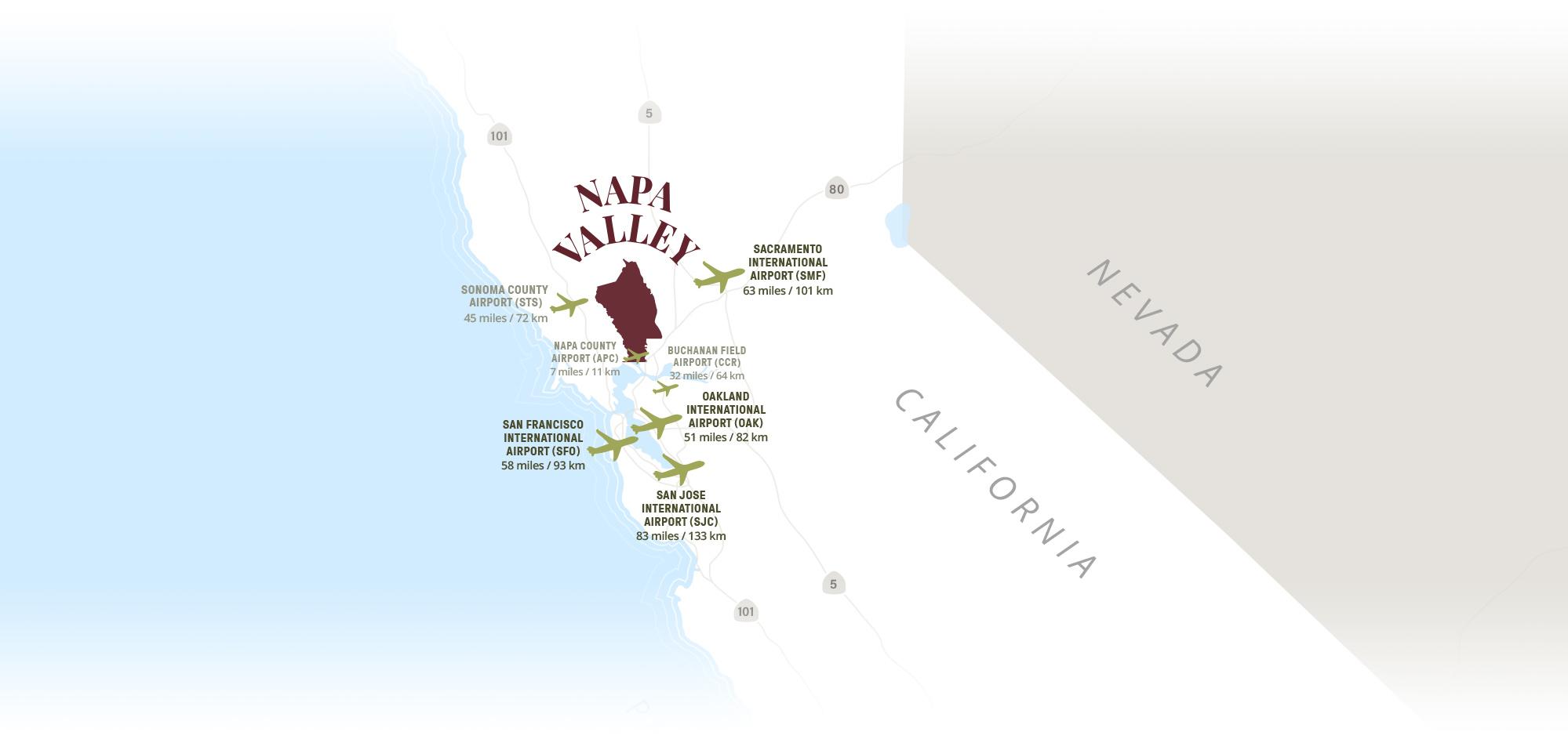 Airports near Napa Valley, California map