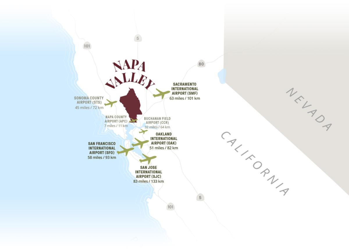 Airports near Napa Valley, California map