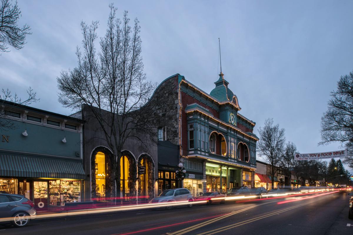 Main Street at dusk in St. Helena, Napa Valley