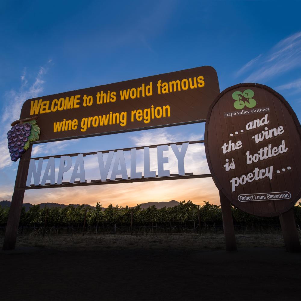 Welcome to Napa Valley Sign at Sunset